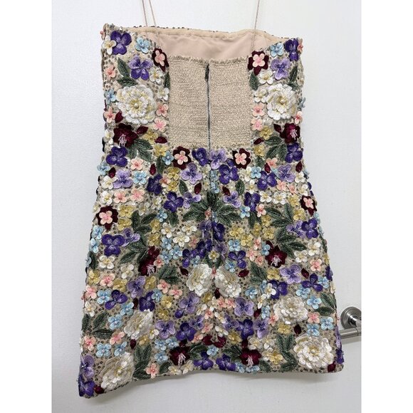 Alice + Olivia Velia Embellished Mini Gown Dress Floral Embroidered Champagne 12 - Picture 10 of 16